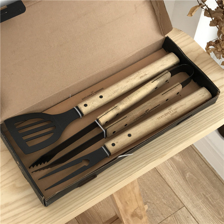 Wooden grill set with meat fork, tongs and spatula